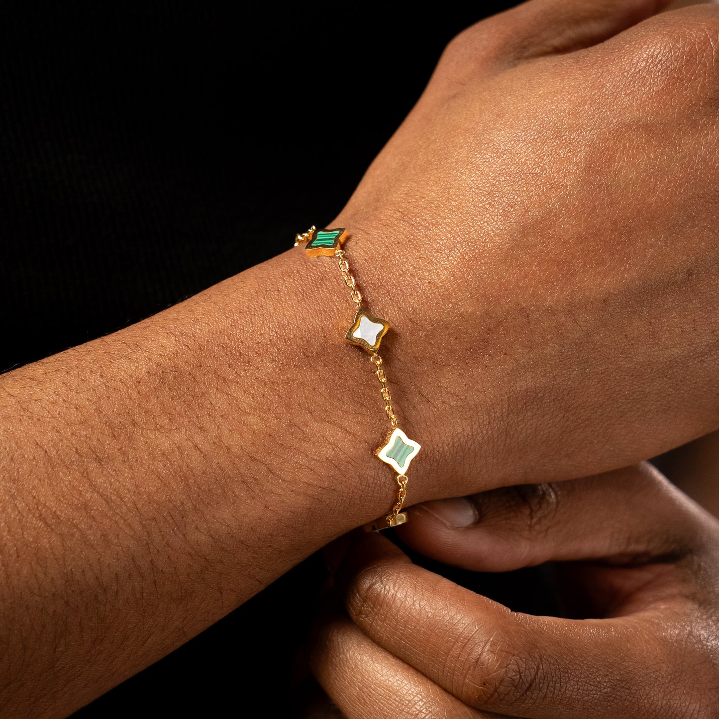 Gold Cable Flower Bracelet - White & Green Pattern