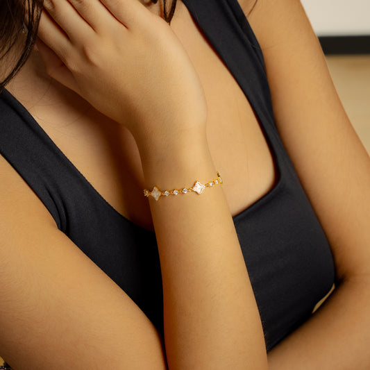 Gold Flower Tennis Bracelet - White