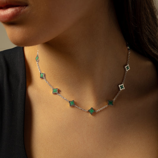 Silver Flower Cable Chain - Green