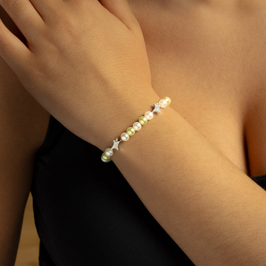 Bracelet perlé Signature Argenté - Blanc et Vert