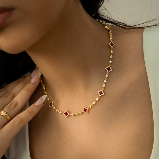 Gold Flower Tennis Chain - Red