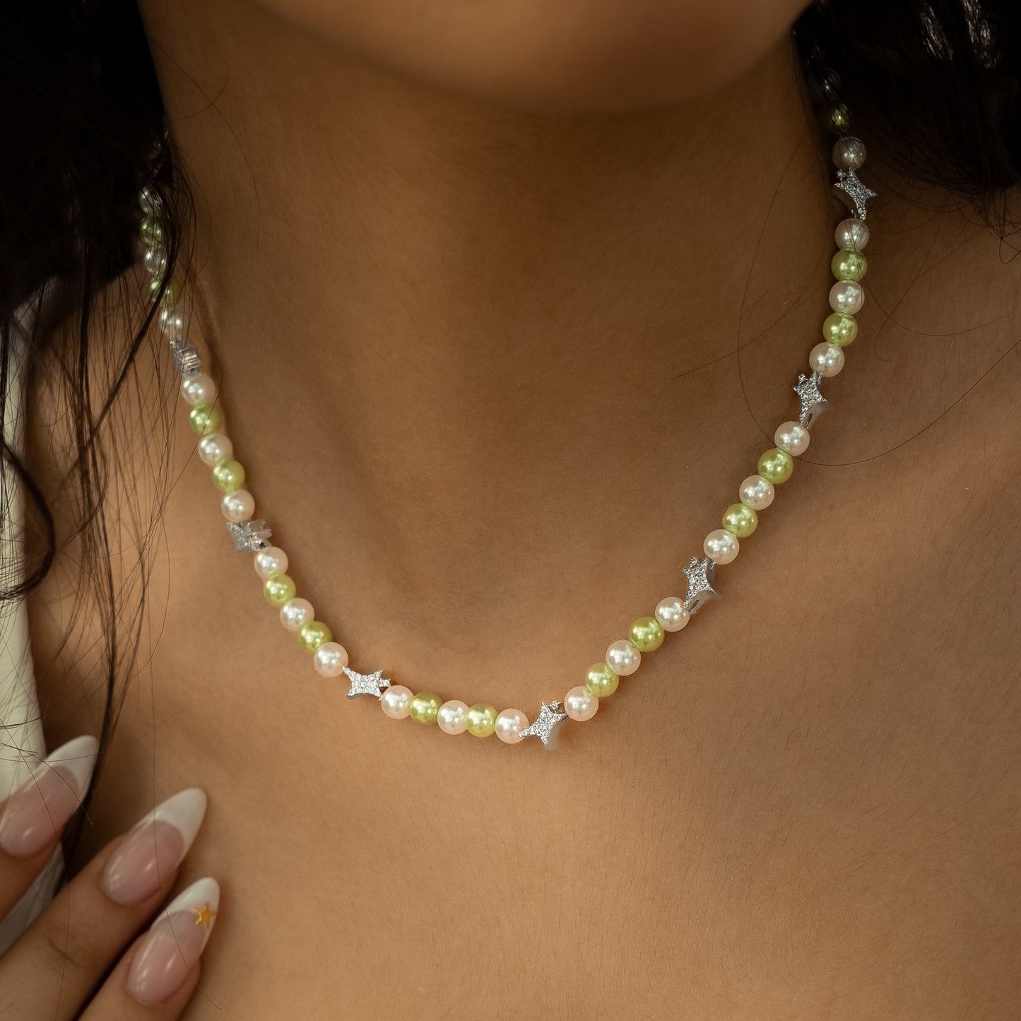 Signature silver Pearl Chain - White and Green