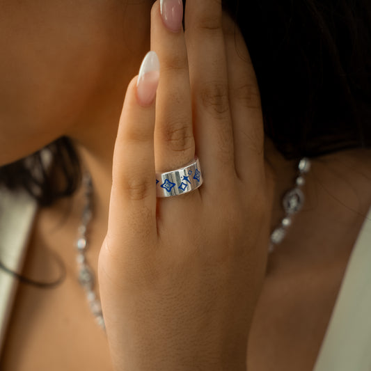 Stars & Flowers band argentée - Bleu