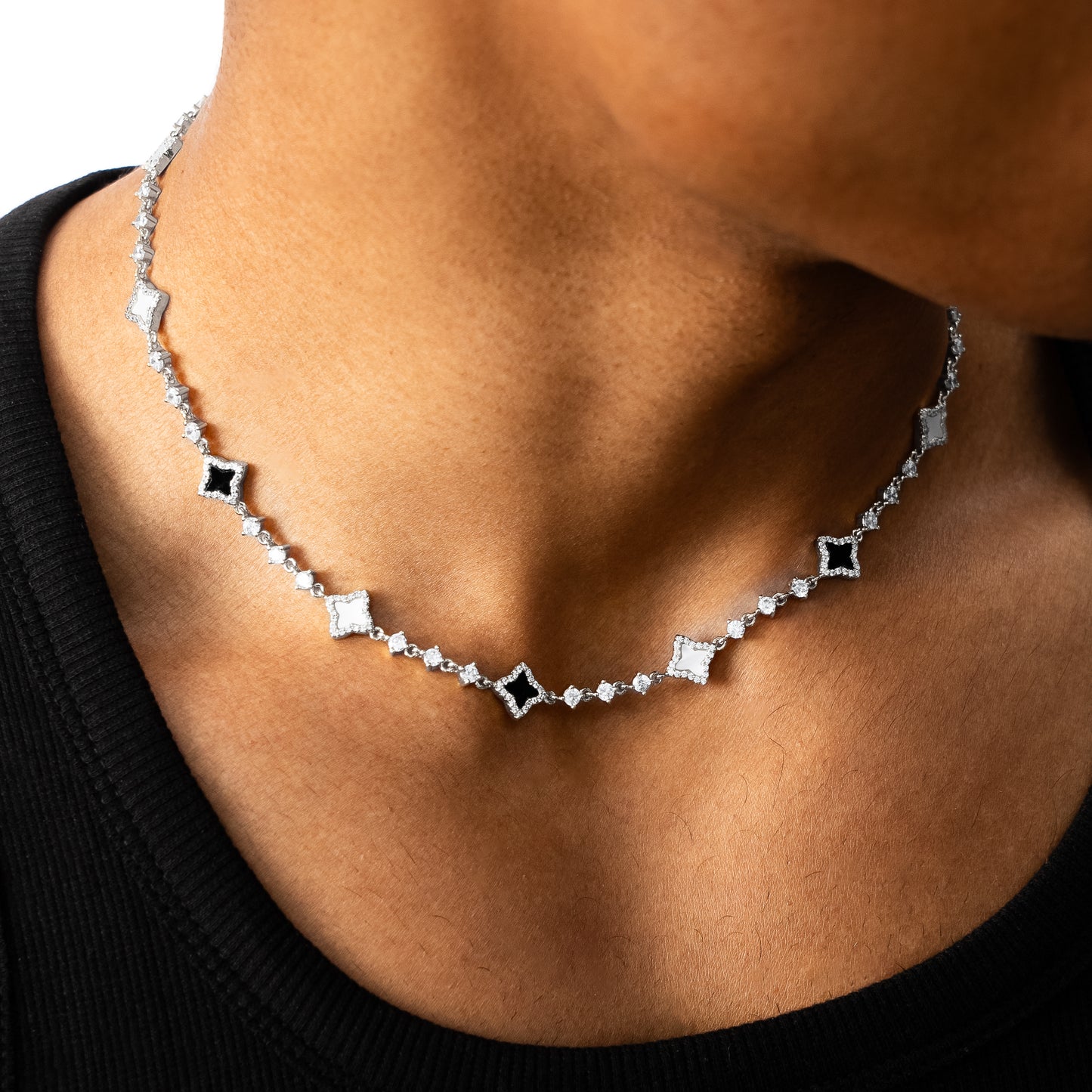 Silver Flower Tennis Chain - White & black