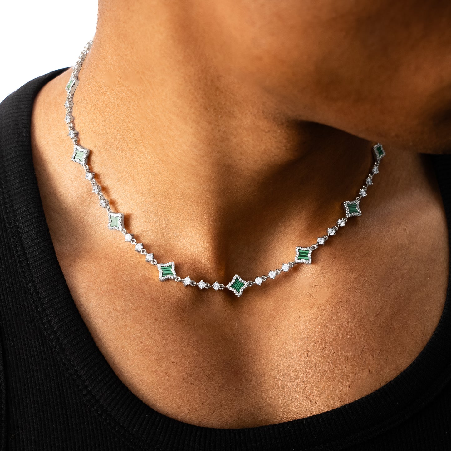 Chaîne Flower Tennis Argentée - Motif Vert