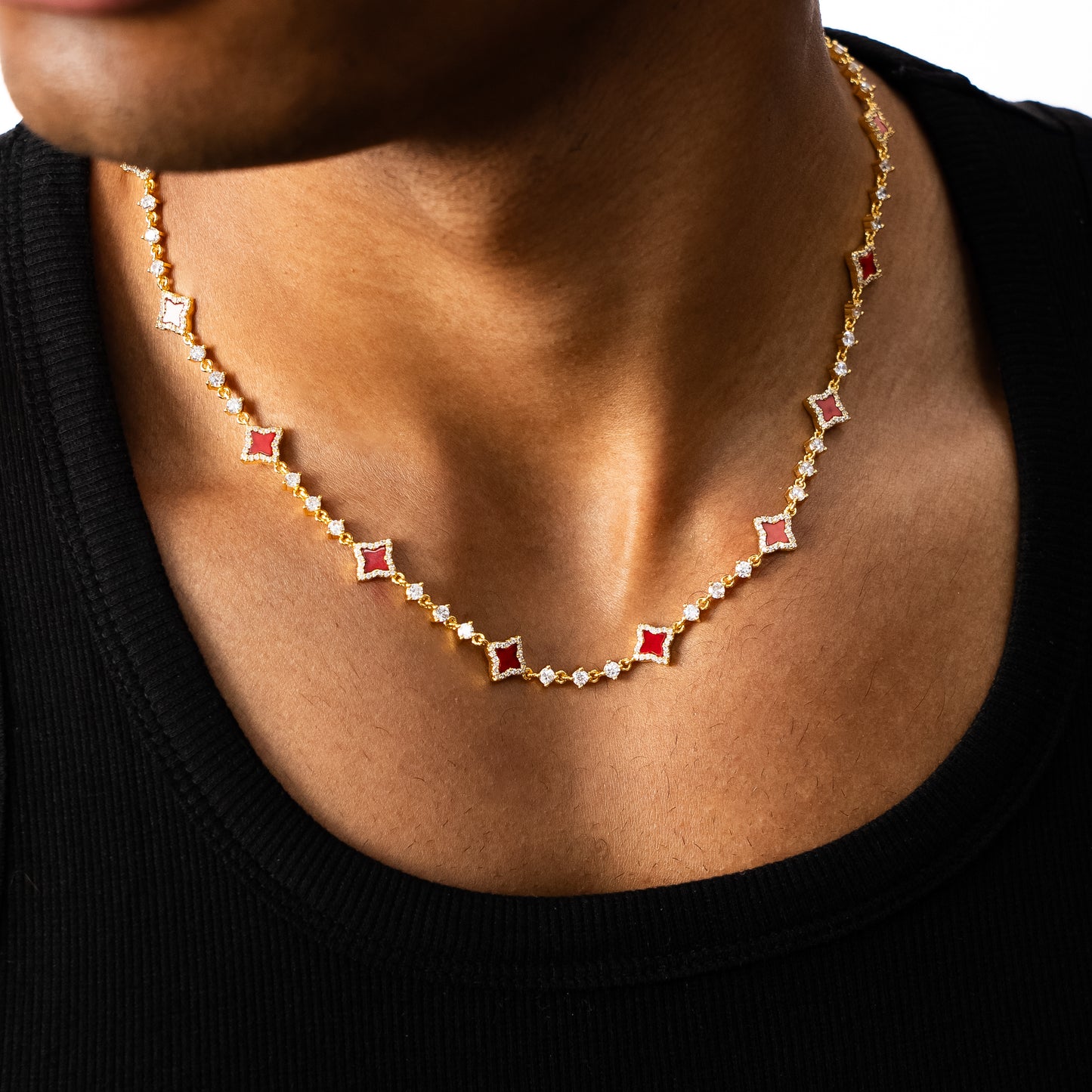 Chaîne Flower Tennis Dorée - Motif Rouge