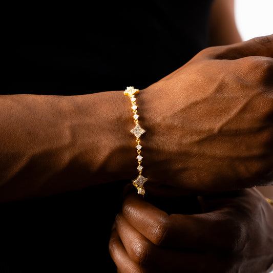 Gold Flower Tennis Bracelet - White Stones