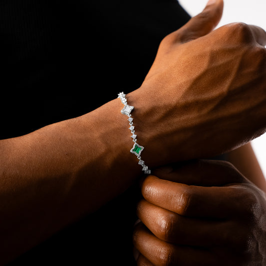 Silver Flower Tennis Bracelet - White & Green