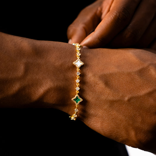 Gold Flower Tennis Bracelet - White & Green