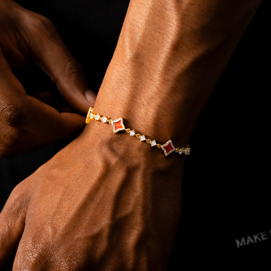 Bracelet Flower Tennis Doré - Motif Rouge