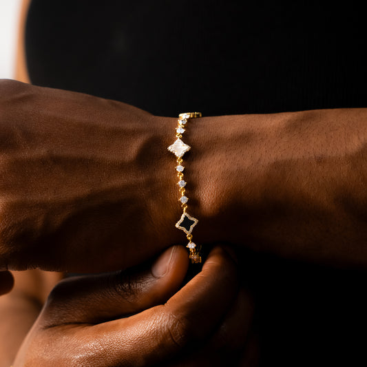 Gold  Flower Tennis Bracelet - White & Black