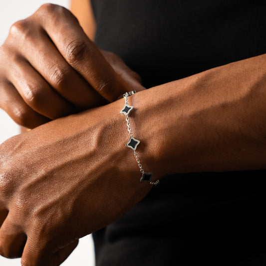 Silver Flower Cable Bracelet - Black
