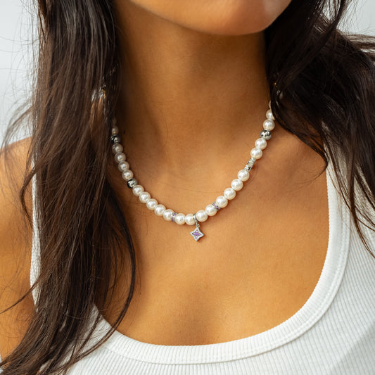 Chaîne Flower Pearl Argentée - Pierres Violettes