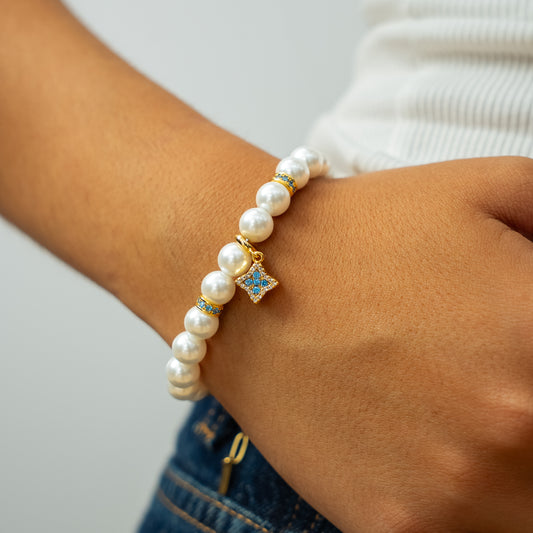 Bracelet Flower Pearl Doré - Pierres Bleues
