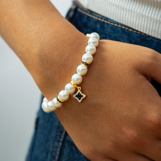 Bracelet Flower Pearl Doré - Pierres Noires