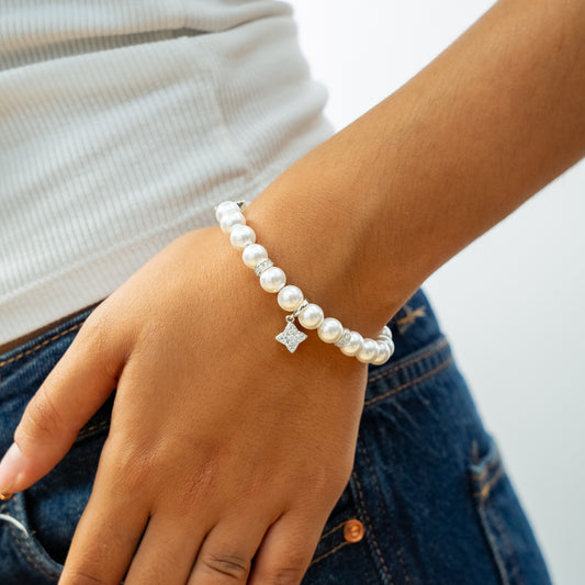 Bracelet Flower Pearl Argenté - Pierres Blanches
