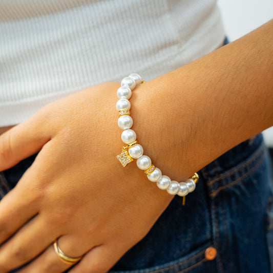 Bracelet Flower Pearl Doré - Pierres Blanches