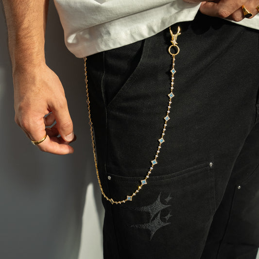 Gold Flower Tennis Wallet Chain - Blue Stones