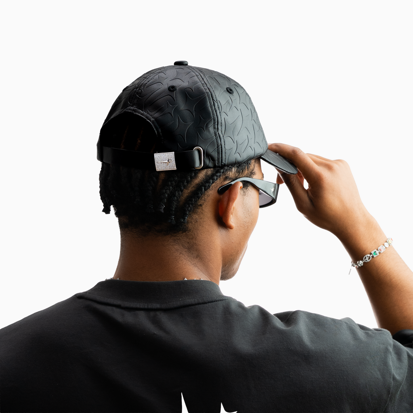 Leather Monogram Cap - Black & Moissanite