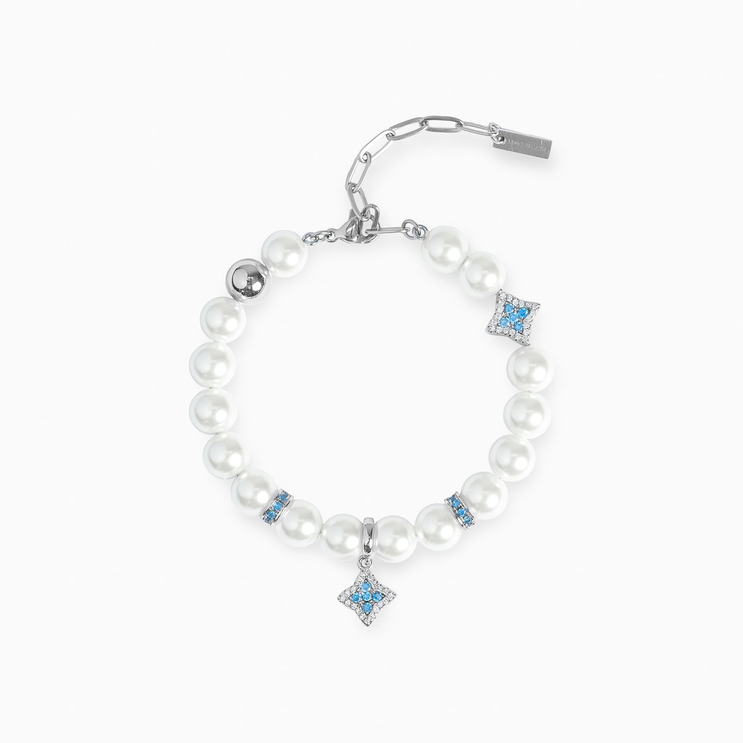 Silver Flower Pearl Bracelet - Blue Stones