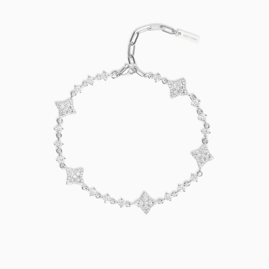 Silver Flower Tennis Bracelet - White Stones