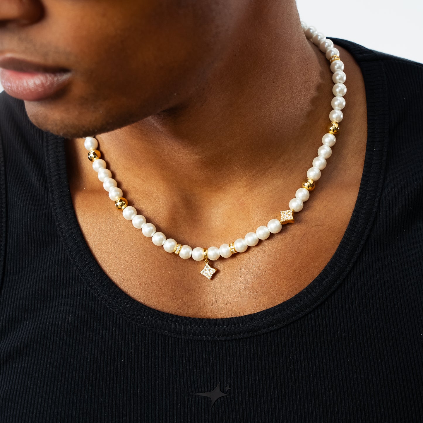Gold Flower Pearl Chain - White Stones