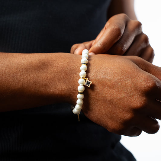 Bracelet Flower Pearl Doré - Pierres Noires