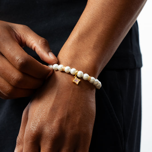 Bracelet Flower Pearl Doré - Pierres Violettes