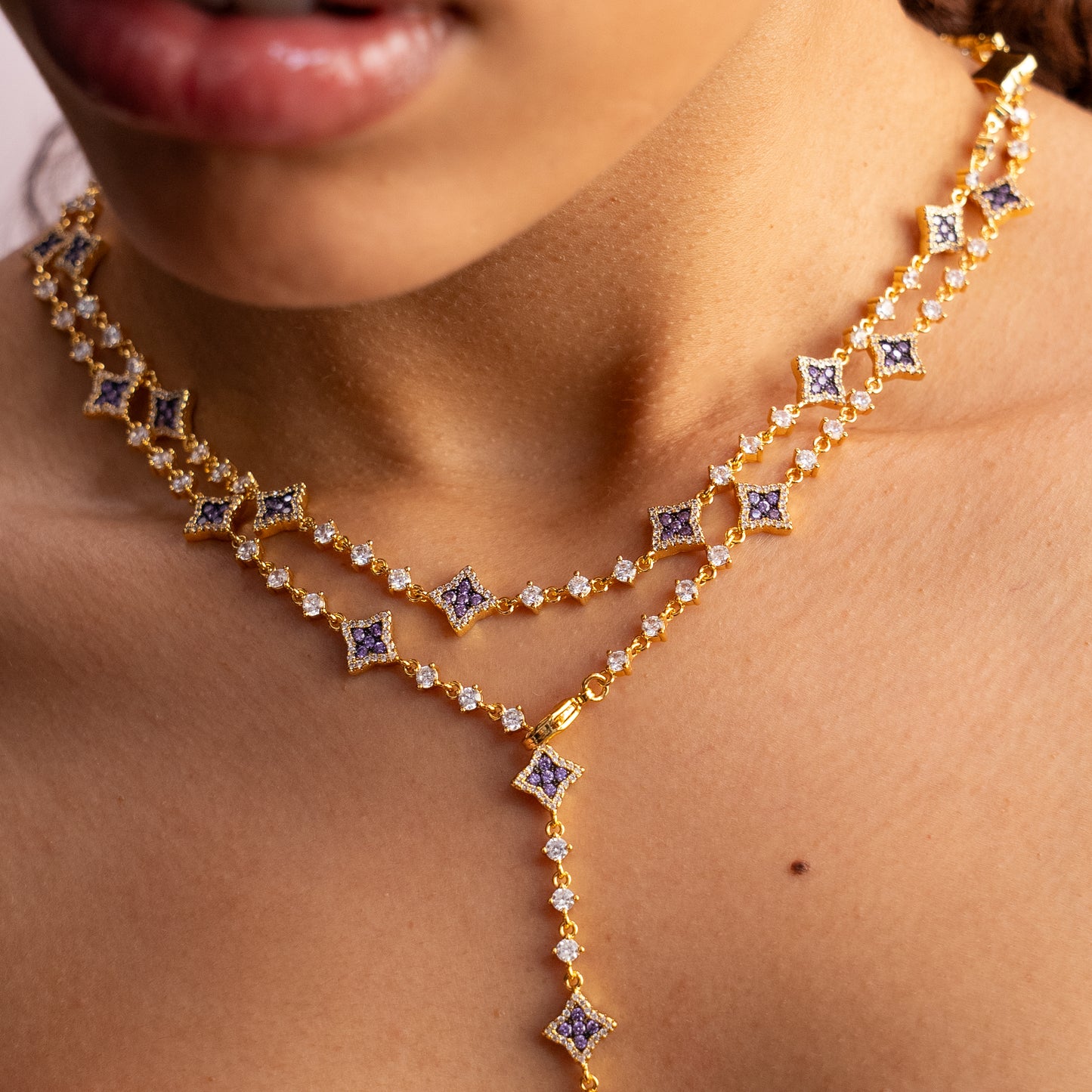 Chaîne Flower Tennis Dorée - Pierres violettes