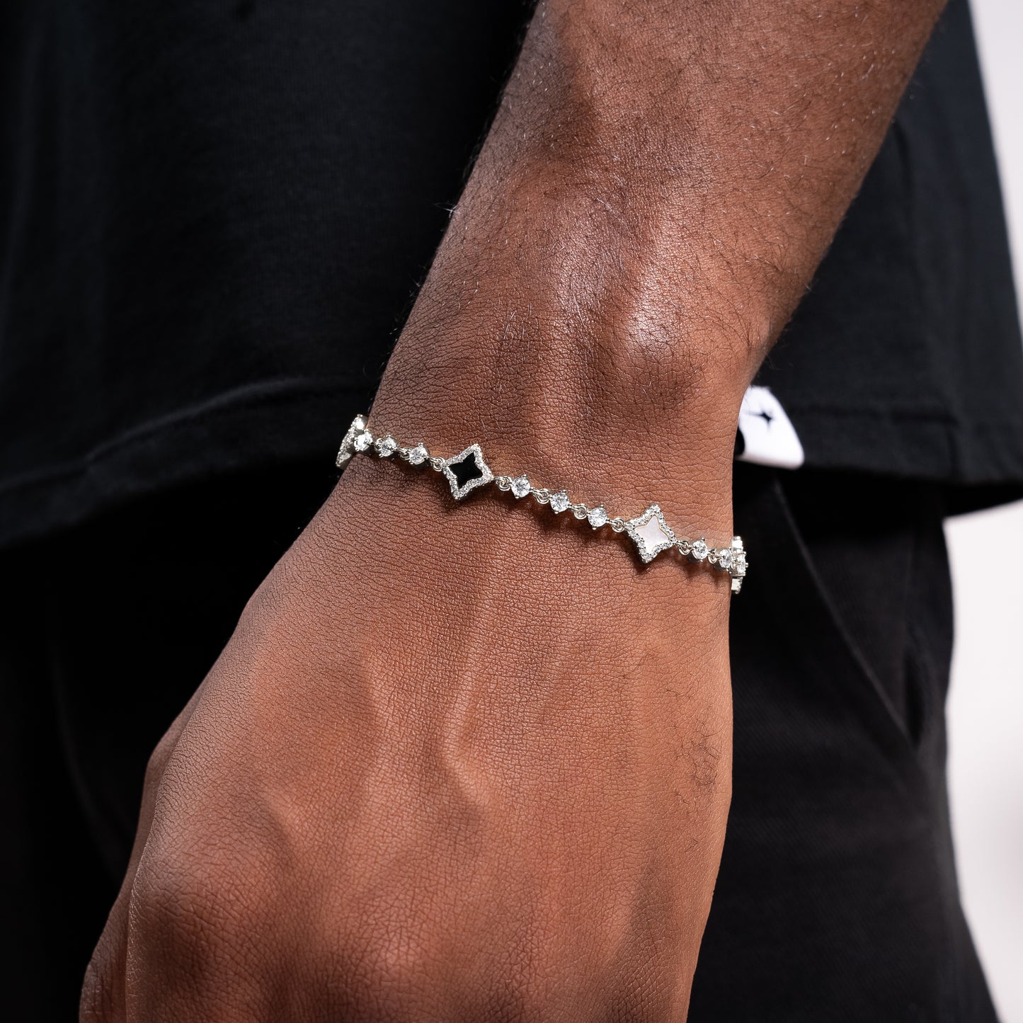 Silver Flower Tennis Bracelet - White & Black