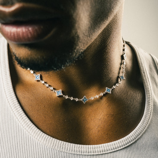 Silver Flower Tennis Chain - Blue Stones