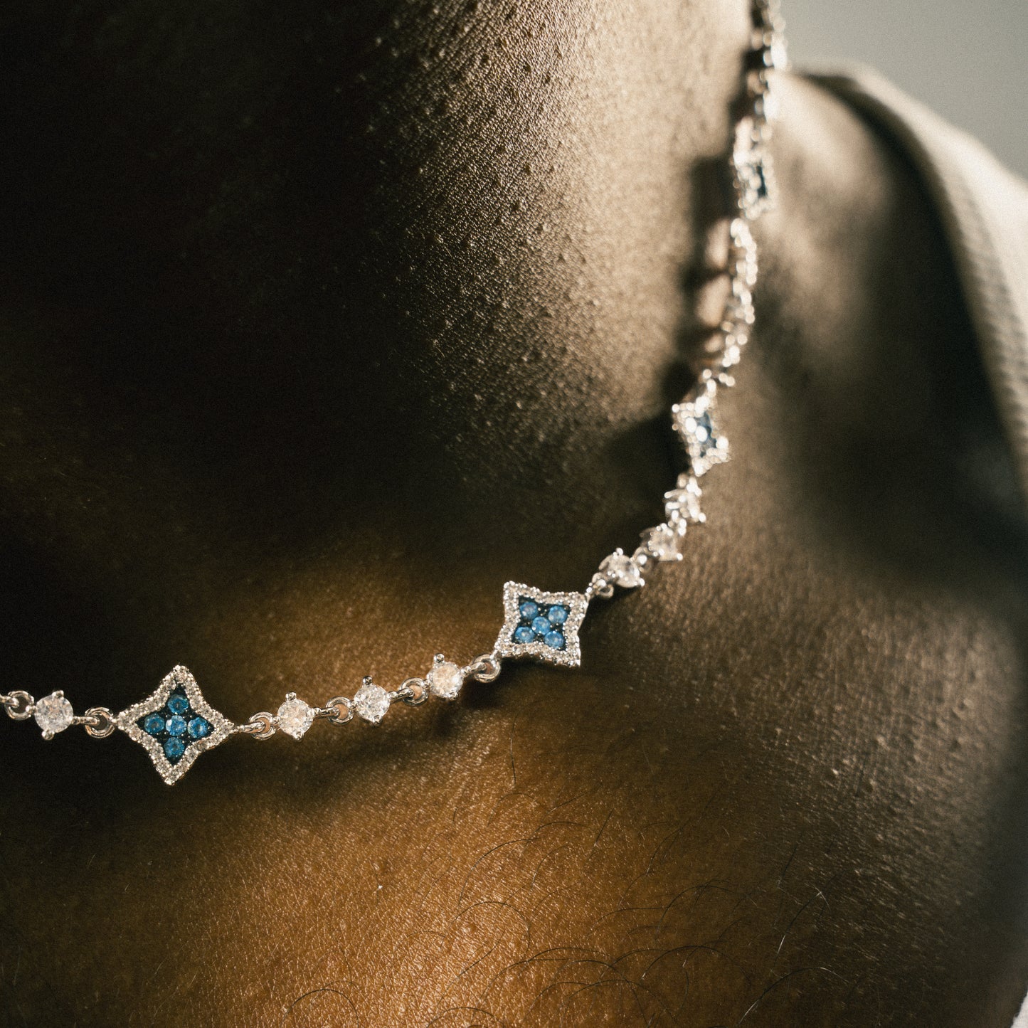 Silver Flower Tennis Chain - Blue Stones