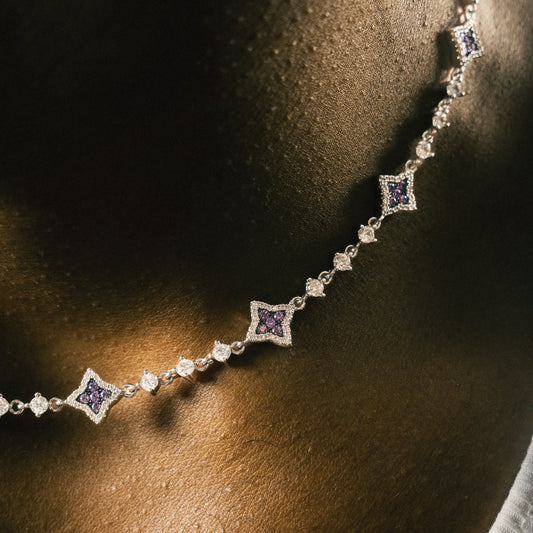 Silver Flower Tennis Chain - Purple Stones