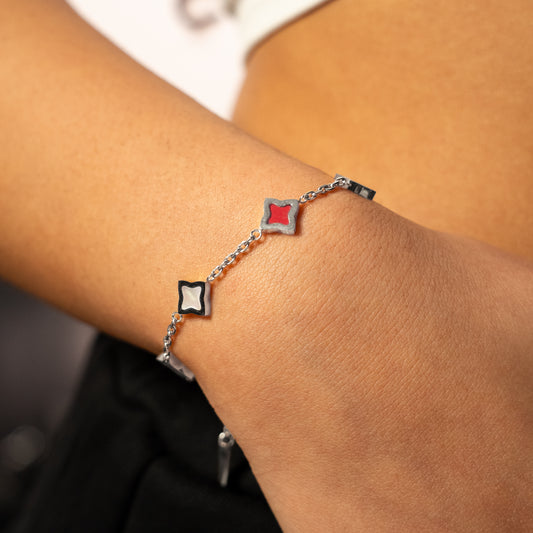 Bracelet Flower câble Argenté - Motif Blanc & Rouge