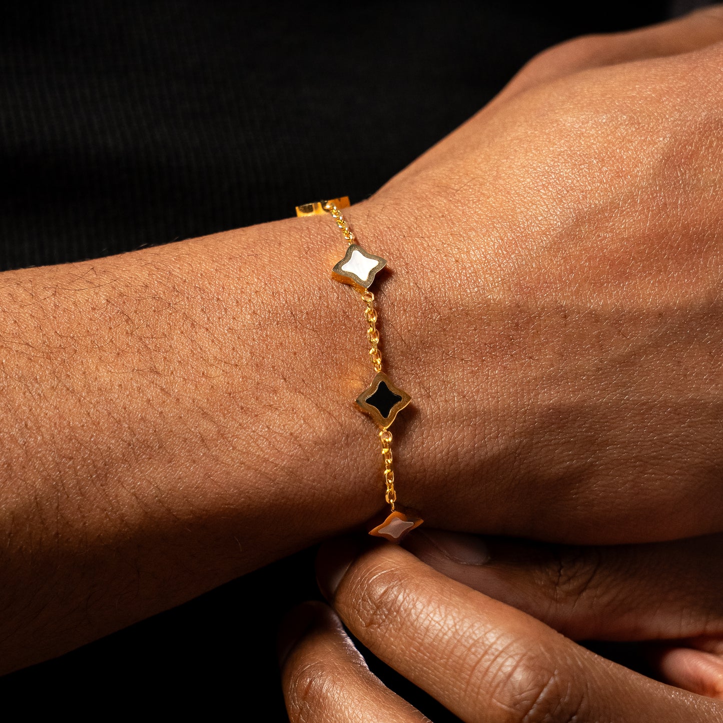 Gold Cable Flower Bracelet - Black & White Pattern