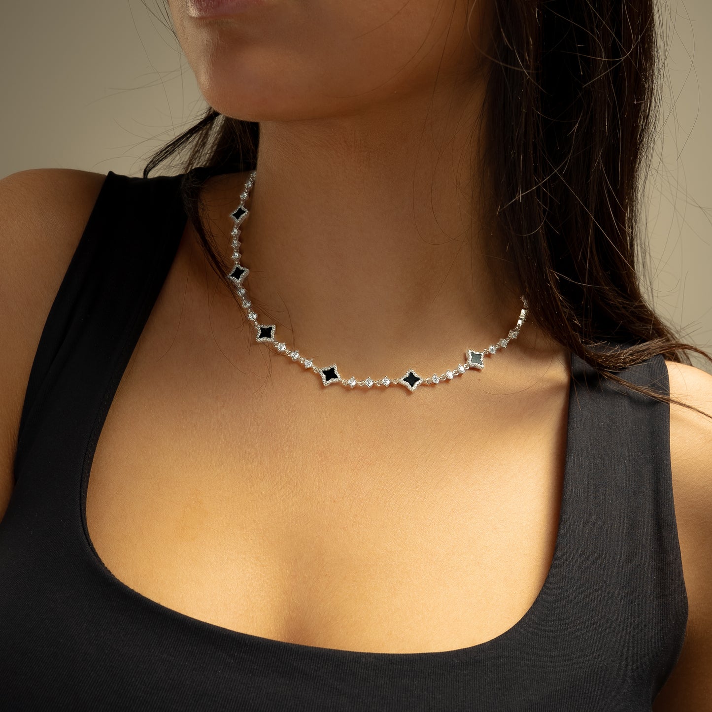 Silver Flower Tennis Chain - Black