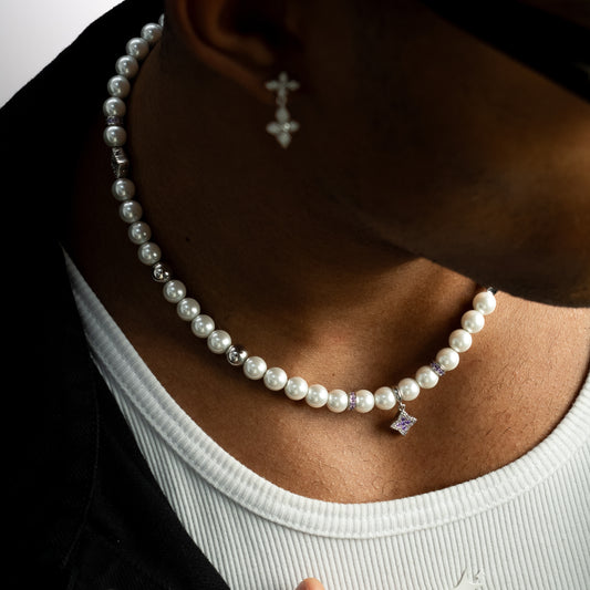 Silver Flower Pearl Chain - Purple Stones