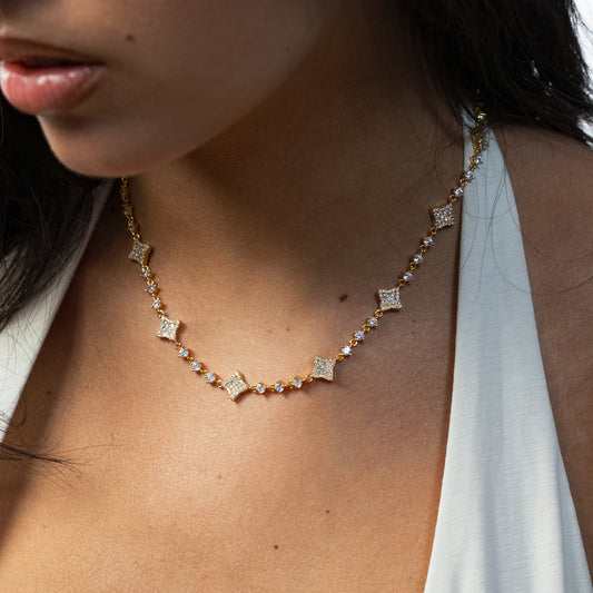 Gold Flower Tennis Chain - White Stones