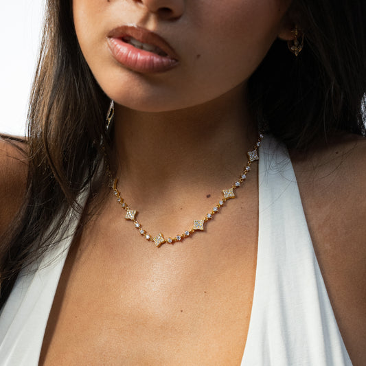 Gold Flower Tennis Chain - White Stones