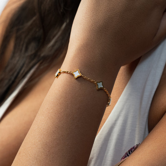 Gold Flower Cable Bracelet - White