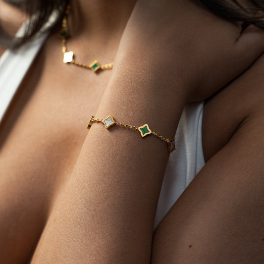 Gold Cable Flower Bracelet - White & Green Pattern