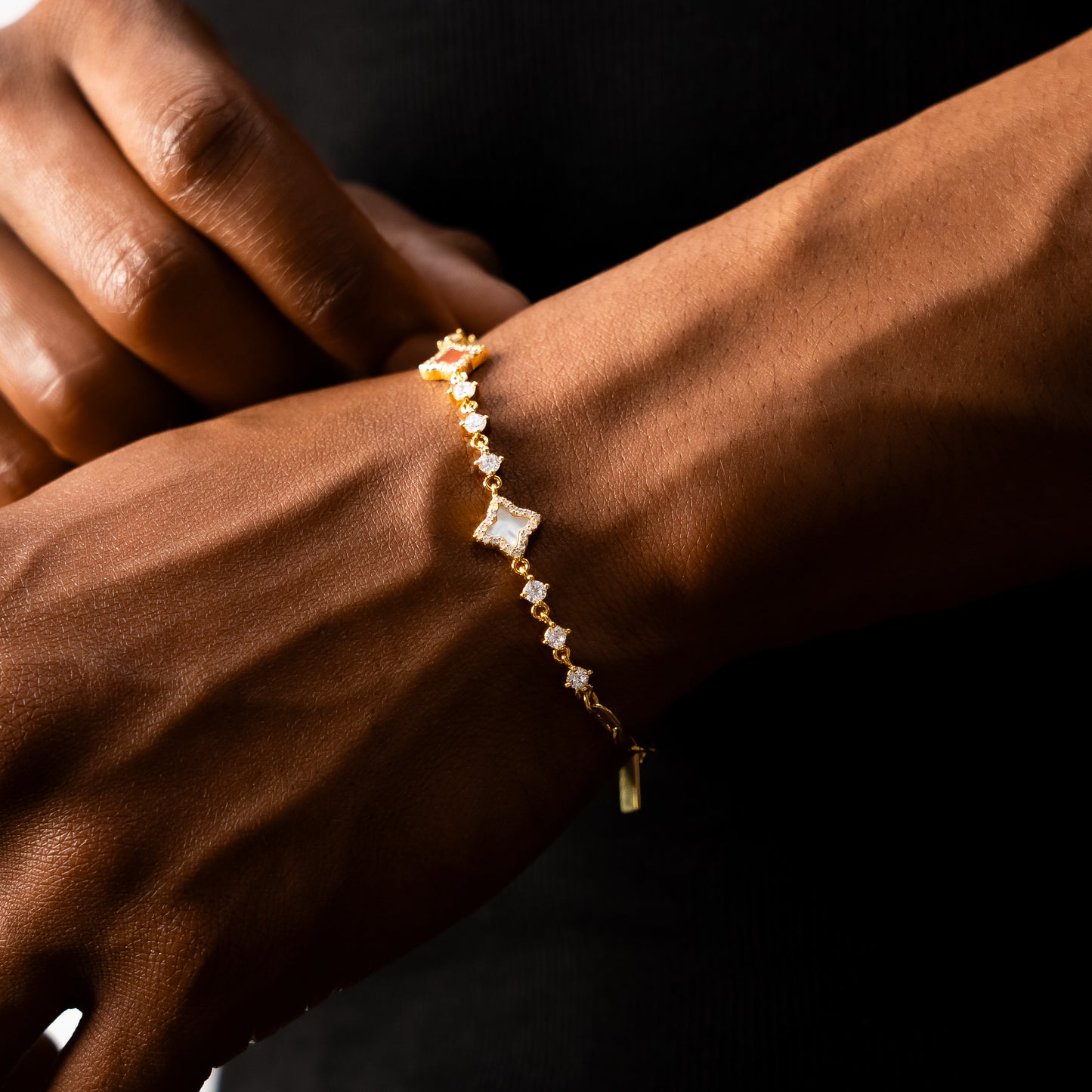 Gold Flower Tennis Bracelet - White & Red