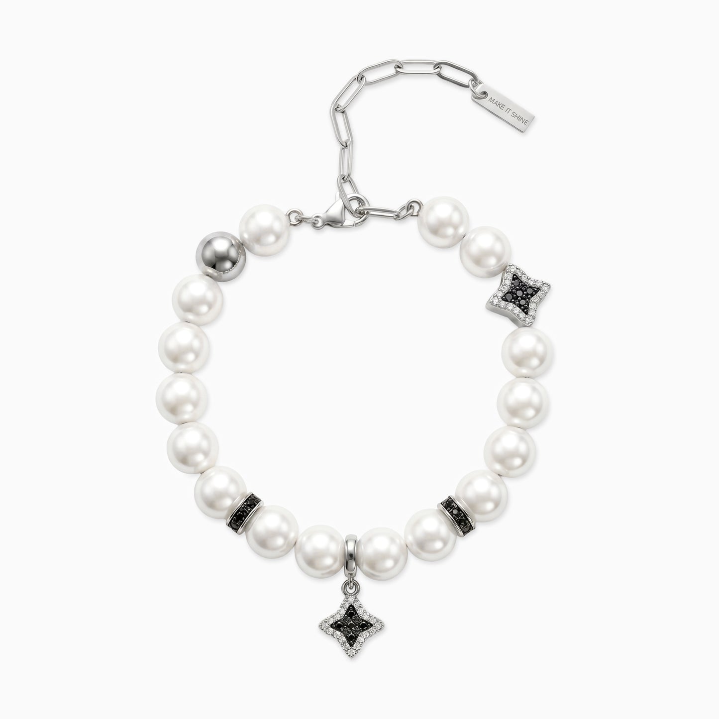 Bracelet Flower Pearl Argenté - Pierres Noires