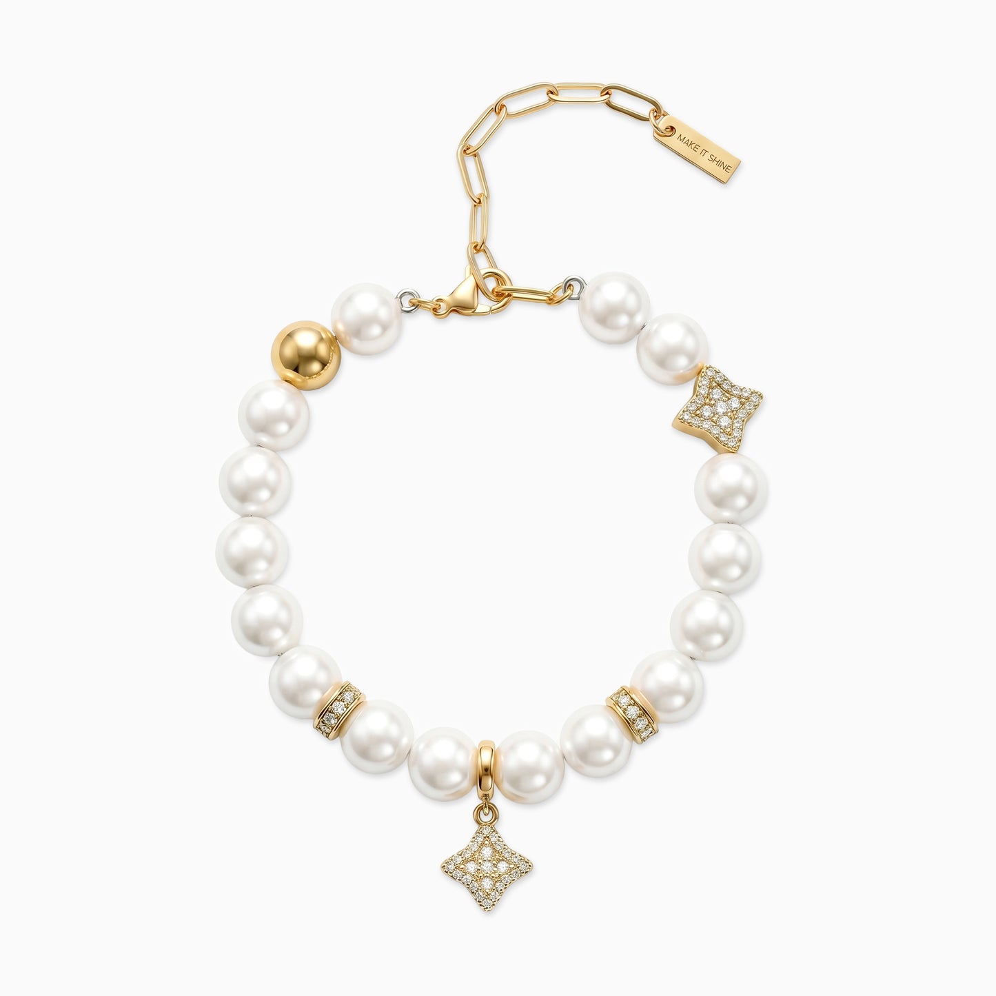 Gold Flower Pearl Bracelet - White Stones