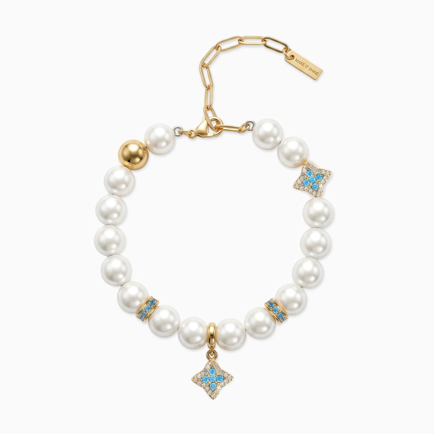 Gold Flower Pearl Bracelet - Blue Stones