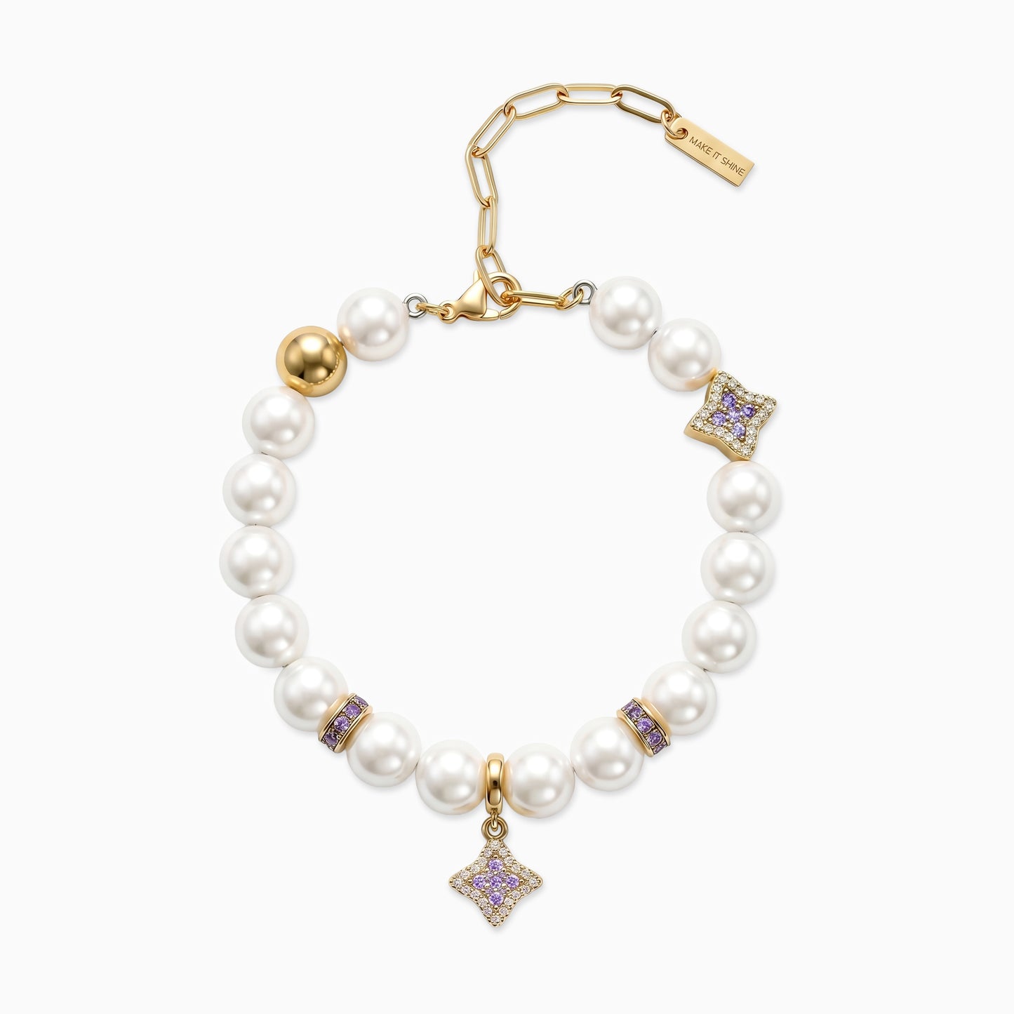Gold Flower Pearl Bracelet - Purple Stones