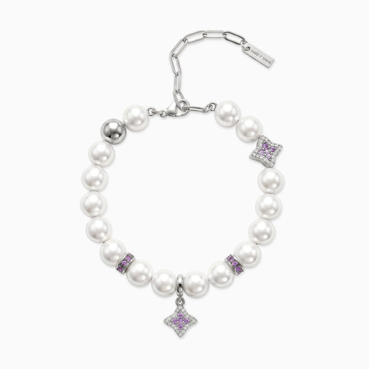 Silver Flower Pearl Bracelet - Purple Stones