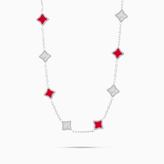 Chaîne Flower câble Argentée - Motif Blanc & Rouge