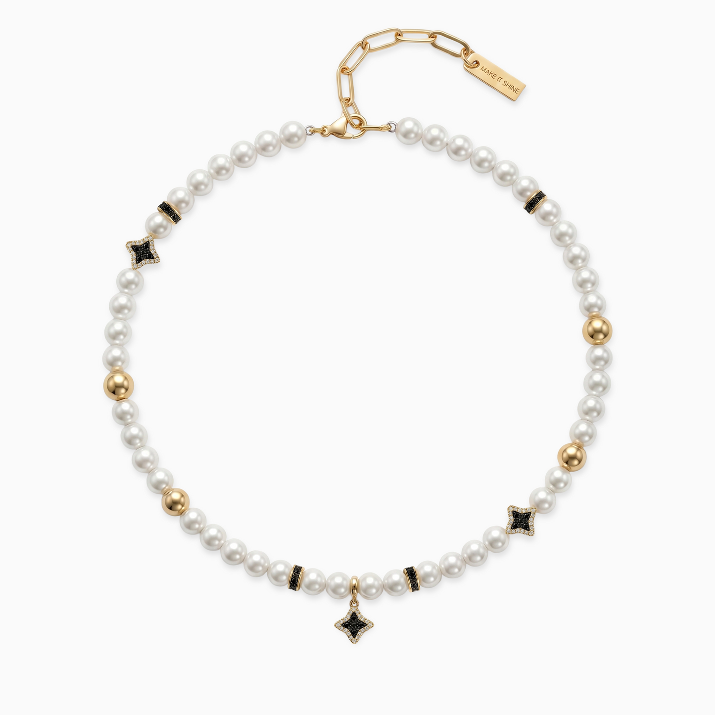 Gold Flower Pearl Chain - Black Stones