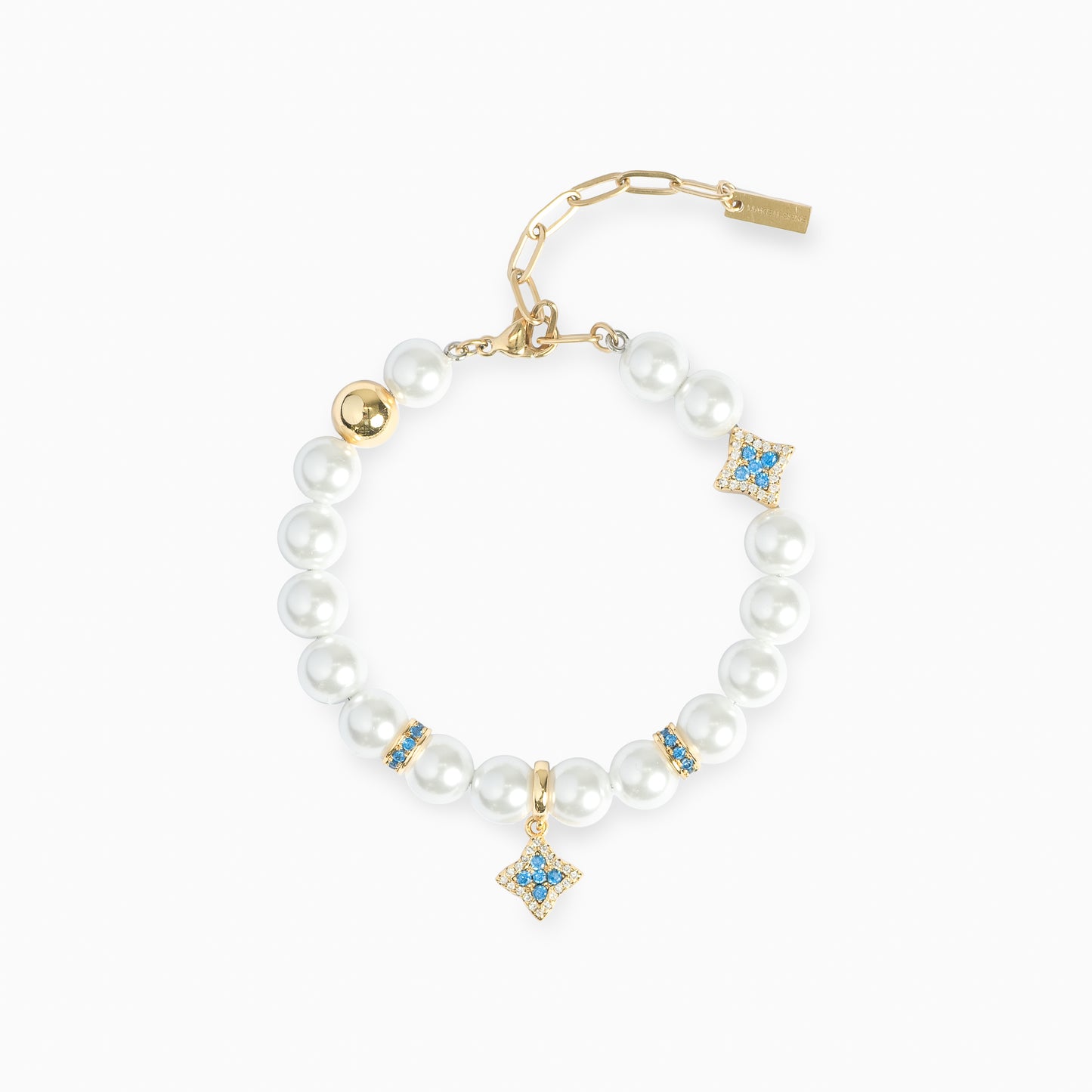 Gold Flower Pearl Bracelet - Blue Stones
